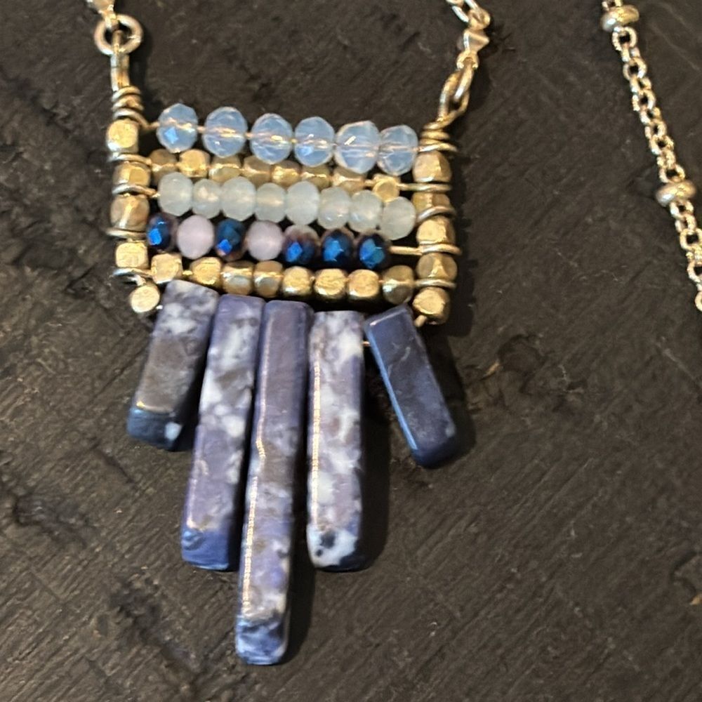 Vintage Bohemian Signed Bella Jack Blue Stone Crystal 2 Strand Necklace Layered